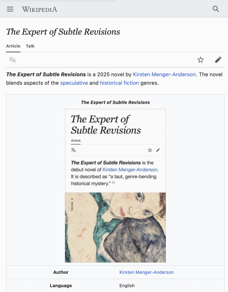 A screenshot of the Wikipedia page for Kirsten Menger-Anderson's novel THE EXPERT OF SUBTLE REVISIONS