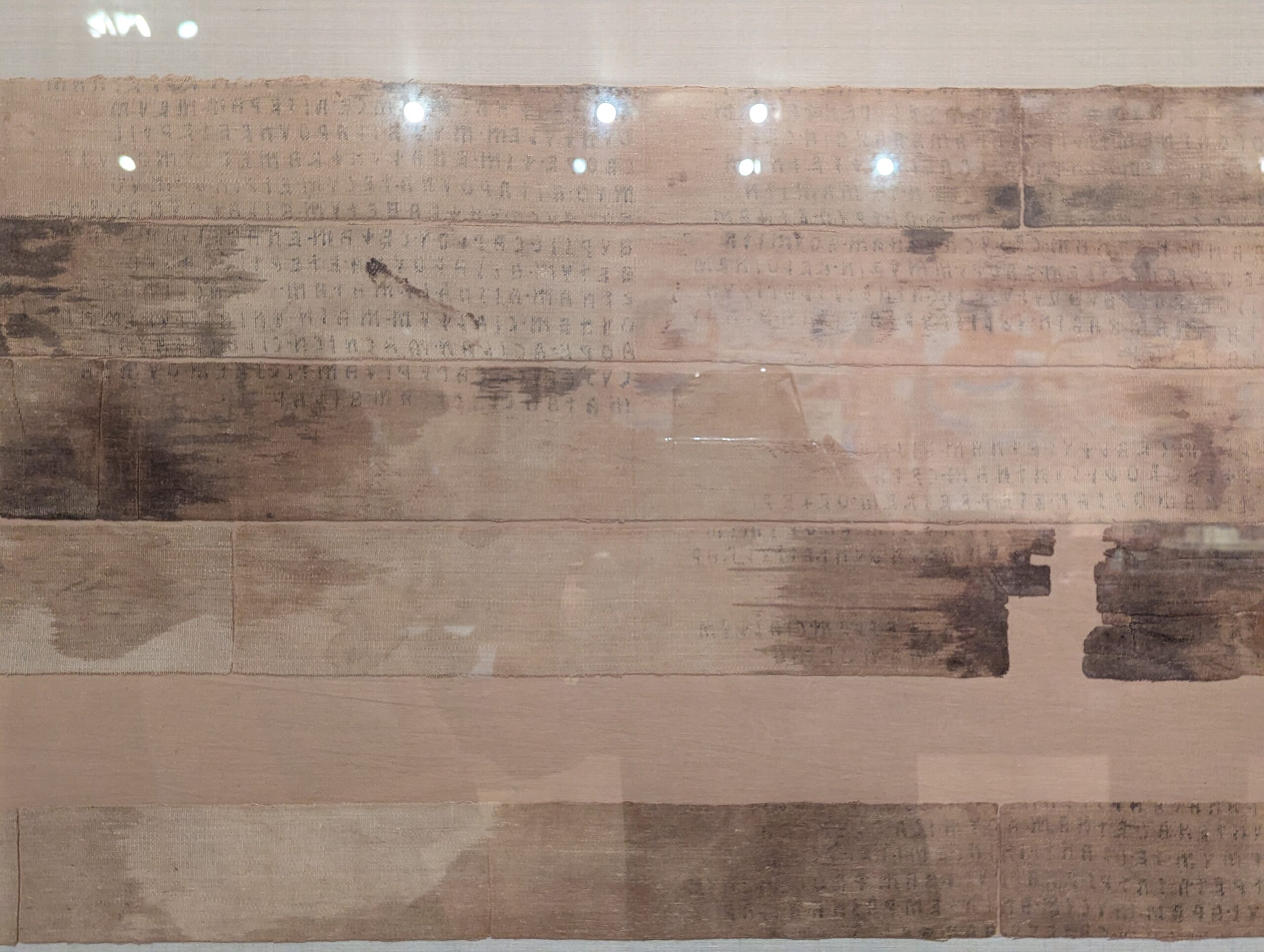 Photo of linen Liber linteus zagrabiensis, considered Europe's oldest book (from the mid-third century BC) at the Legion of Honor's Etruscan exhibit.