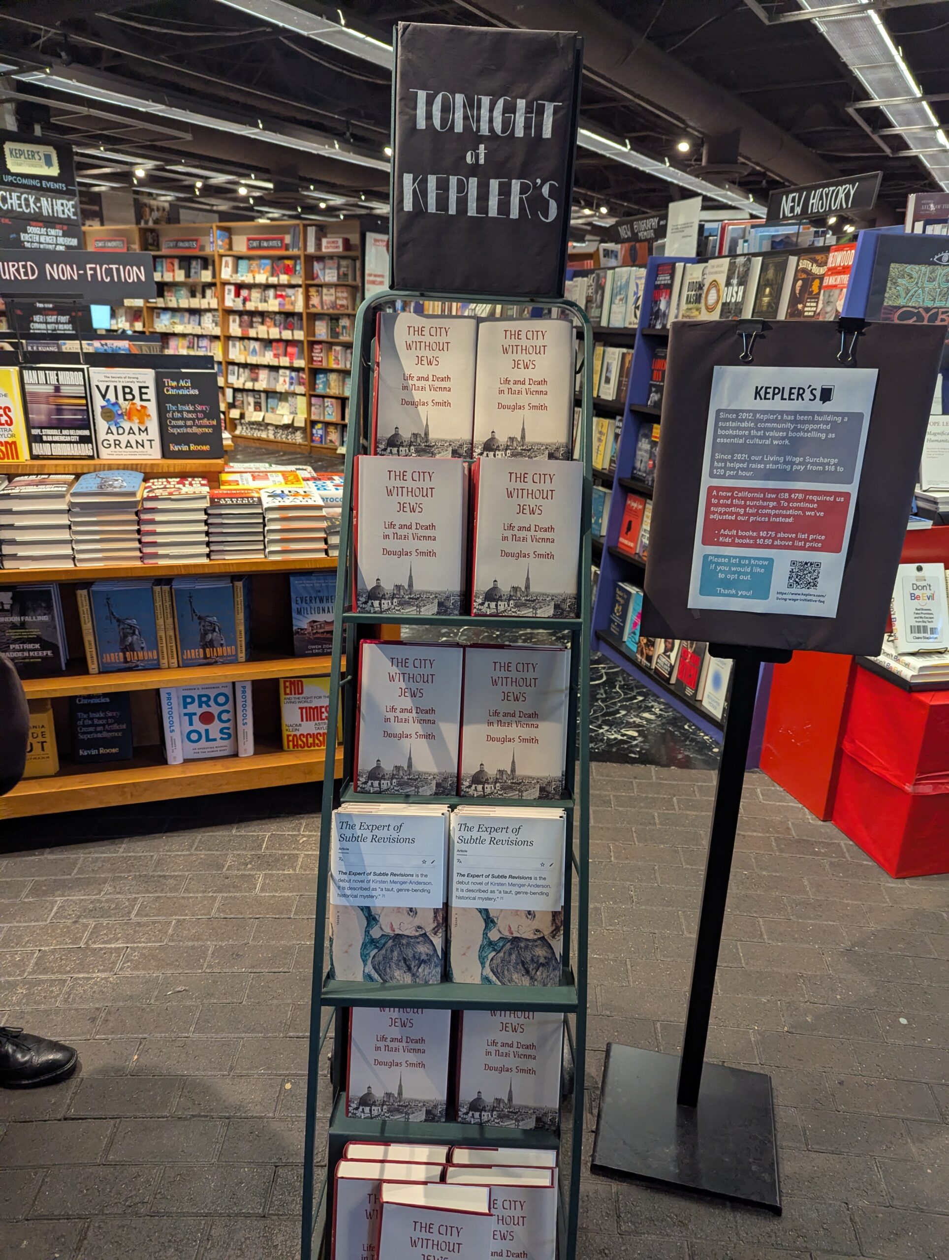 Book display at Kepler's Books featuring Douglas Smith's The City Without Jews and Kirsten Menger-Anderson's The Expert of Subtle Revisions